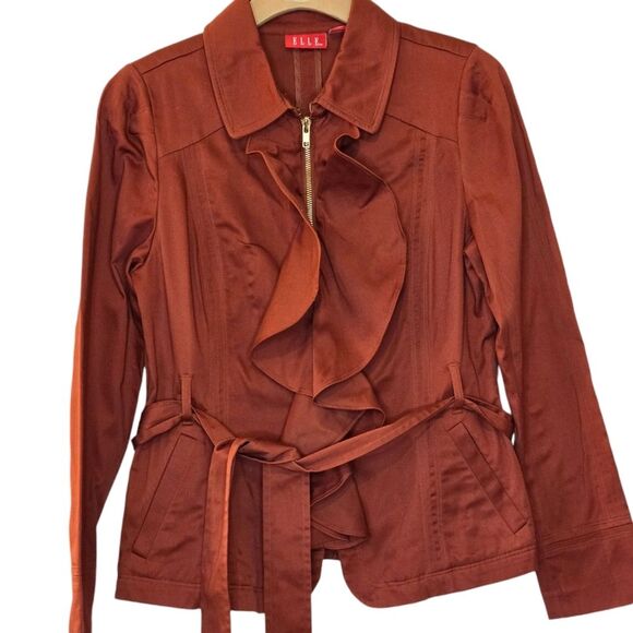 Elle Utility Blazer in Red Rust Color Cotton Blend Zip Closure w/Belt Size Small - Picture 13 of 13